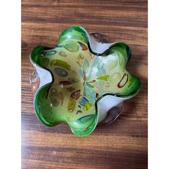 Vintage Venetian Hand Blown Murano Art Glass Candy Bowl Ashtray Dish Green